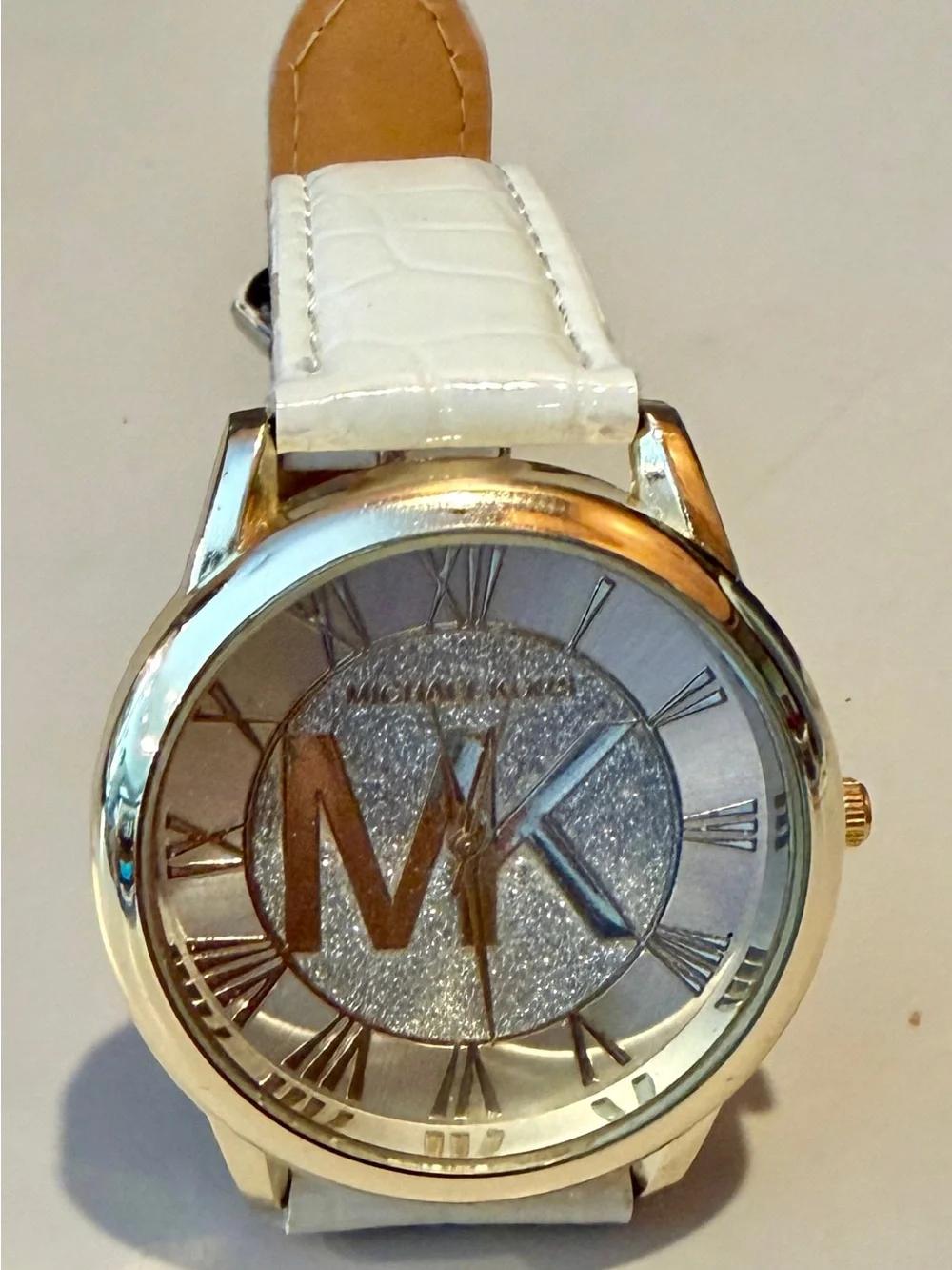 Michael Kors White Leather Strap Watch with Gold-Tone Case
